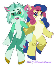 Size: 1287x1499 | Tagged: safe, artist:caffeinatedcarny, bon bon, lyra heartstrings, sweetie drops, earth pony, unicorn, anthro, unguligrade anthro, g4, coat markings, duo, duo female, female, freckles, horn, lesbian, no neck, physique difference, ship:lyrabon, shipping, simple background, stylized, tooth gap, transparent background