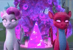 Size: 1546x1076 | Tagged: safe, screencap, jade (g5), lava (g5), dragon, g5, my little pony: make your mark, my little pony: make your mark chapter 6, roots of all evil, spoiler:g5, spoiler:my little pony: make your mark, spoiler:my little pony: make your mark chapter 6, spoiler:mymc06e02, animated, dragoness, female, gif, glowing, glowing horn, horn, pink eyes, portal, tree, triangle, waking up