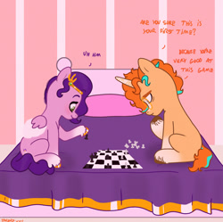 Size: 2209x2196 | Tagged: safe, artist:starburstuwu, pipp petals, pegasus, pony, unicorn, g5, bed, chess, duo, glasses, high res, hoof hold, unshorn fetlocks