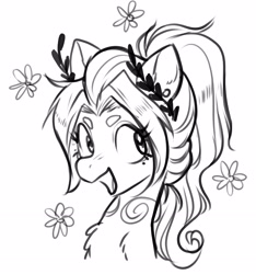 Size: 2416x2582 | Tagged: safe, artist:opalacorn, oc, oc only, pony, black and white, bust, chest fluff, flower, grayscale, high res, monochrome, open mouth, open smile, simple background, smiling, solo, white background