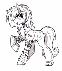 Size: 3337x3827 | Tagged: safe, artist:opalacorn, oc, oc only, cyborg, earth pony, pony, amputee, clothes, commission, grayscale, high res, jacket, lineart, looking back, monochrome, prosthetic leg, prosthetic limb, prosthetics, robotic legs, simple background, smiling, solo, white background
