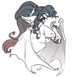 Size: 3138x3302 | Tagged: safe, artist:opalacorn, oc, oc only, oc:sinful serenade, bat pony, pony, bat pony oc, commission, fangs, heart, high res, lidded eyes, looking at you, monochrome, open mouth, simple background, solo, unshorn fetlocks, white background