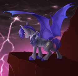 Size: 3713x3658 | Tagged: safe, artist:opalacorn, oc, oc only, oc:thunder run, bat pony, pony, armor, bat pony oc, cliff, commission, glowing, glowing eyes, gray coat, high res, lightning, male, night guard, purple mane, purple tail, purple wings, red eyes, solo, spread wings, stallion, storm, tail, thunderstorm, wings