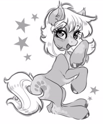 Size: 2815x3413 | Tagged: safe, artist:opalacorn, oc, oc only, earth pony, pony, commission, grayscale, high res, lidded eyes, looking at you, monochrome, open mouth, open smile, simple background, smiling, solo, stars, unshorn fetlocks, white background