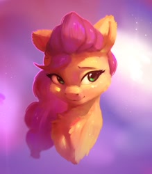 Size: 1049x1200 | Tagged: safe, artist:itssim, sunny starscout, earth pony, pony, g5, abstract background, bust, chest fluff, female, fluffy, looking at you, mare, portrait, smiling, smiling at you, solo, three quarter view