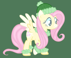 Size: 821x670 | Tagged: safe, artist:hivecicle, fluttershy, pegasus, pony, g4, blue eyes, christmas, clothes, colored wings, green background, hat, holiday, markings, multicolored wings, pink hair, simple background, solo, wings, yellow coat