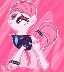 Size: 920x1035 | Tagged: safe, artist:katnekobase, artist:muhammad yunus, oc, oc only, oc:annisa trihapsari, earth pony, pony, series:the guardian of leadership, g4, base used, eyeshadow, female, ibispaint x, makeup, mare, pink background, punk, simple background, smiling, solo, watermark