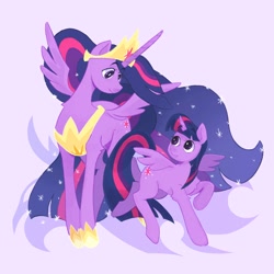 Size: 2048x2048 | Tagged: safe, artist:stinky_bug_, twilight sparkle, alicorn, pony, g4, the last problem, concave belly, crown, duality, duo, eye clipping through hair, eyebrows, eyebrows visible through hair, female, height difference, high res, hoof shoes, horn, jewelry, just like geoffrey, long horn, long mane, long tail, looking at each other, looking at someone, mare, older, older twilight, older twilight sparkle (alicorn), peytral, princess shoes, princess twilight 2.0, purple background, regalia, self paradox, self ponidox, simple background, spread wings, tail, tall, time paradox, twilight sparkle (alicorn), wings