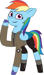 Size: 668x1149 | Tagged: safe, artist:edy_january, artist:prixy05, rainbow dash, pegasus, pony, g4, g5, my little pony: tell your tale, boots, clothes, denim, girls und panzer, jacket, jeans, military, military pony, military uniform, pants, saunders, sergeant, sgt rainbow.dash, shirt, shoes, short pants, simple background, soldier, soldier pony, solo, stockings, thigh highs, transparent background, uniform