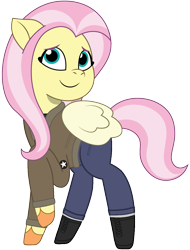 Size: 913x1200 | Tagged: safe, artist:edy_january, artist:prixy05, fluttershy, pegasus, pony, g4, g5, my little pony: tell your tale, boots, clothes, denim, girls und panzer, jacket, jeans, military, military pony, military uniform, pants, saunders, sergeant, sgt.fluttershy, shirt, shoes, shy, simple background, soldier, soldier pony, solo, transparent background, uniform