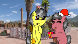 Size: 622x350 | Tagged: safe, artist:foxfer64_yt, oc, oc only, oc:steven, oc:thunder (fl), earth pony, pegasus, pony, bipedal, christmas, curious, duo, forza horizon, happy, hearth's warming eve, holiday, male, mexico, present, stallion, stallion oc