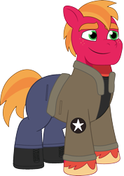 Size: 1171x1654 | Tagged: safe, artist:edy_january, artist:prixy05, edit, big macintosh, earth pony, pony, g4, g5, my little pony: tell your tale, boots, clothes, denim, girls und panzer, jacket, jeans, major.mac, major.machintosh, male, military, military pony, military uniform, pants, saunders, shirt, shoes, simple background, soldier, soldier pony, solo, stallion, transparent background, uniform