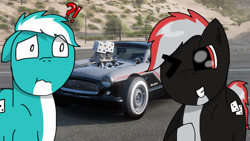 Size: 622x350 | Tagged: safe, artist:foxfer64_yt, oc, oc only, oc:nathaniel metro (fl), earth pony, pony, car, confused, duo, forza horizon, hot wheels, male, nash metropolitan, stallion, toy