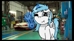 Size: 622x350 | Tagged: safe, artist:foxfer64_yt, oc, oc only, oc:nara (fl), alicorn, pony, car, cute, female, looking at you, mare, one eye closed, racecar, smiling, solo, wink, wrench