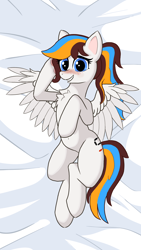 Size: 1080x1920 | Tagged: safe, artist:silicon skies, oc, oc only, oc:silicon skies, pegasus, pony, belly button, blushing, body pillow, chest fluff, featureless crotch, female, looking at you, lying down, mare, smiling, solo, spread wings, underhoof, wings