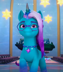 Size: 432x495 | Tagged: safe, screencap, comet (g5), auroricorn, pony, g5, my little pony: make your mark, my little pony: make your mark chapter 6, secrets of starlight, spoiler:g5, spoiler:my little pony: make your mark, spoiler:my little pony: make your mark chapter 6, spoiler:mymc06e04, chocolate, cometbetes, cute, food, glasses, hot chocolate, jewelry, male, necklace, serving tray, smiling, solo, stallion