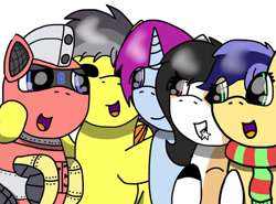 Size: 1040x769 | Tagged: safe, artist:foxfer64_yt, oc, oc only, oc:liliya krasnyy, oc:ojitos, oc:thunder (fl), oc:trackhead, oc:twostep, earth pony, pegasus, pony, unicorn, cute, female, group, group hug, happy, hug, male, mare, one eye closed, simple background, smiling, stallion, wink