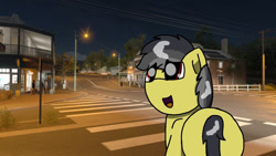 Size: 1192x670 | Tagged: safe, artist:foxfer64_yt, oc, oc only, oc:thunder (fl), pegasus, pony, australia, butt, city, forza horizon, male, night, photo, rear, smiling, solo, stallion