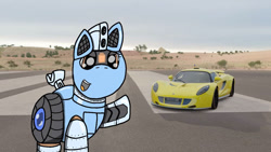 Size: 1192x670 | Tagged: safe, artist:foxfer64_yt, oc, oc:silverstream (robot pony), pony, robot, robot pony, car, confident, desert, female, looking at you, photo, pointing, racecar, solo, talking, talking to viewer