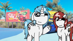 Size: 1192x670 | Tagged: safe, artist:foxfer64_yt, oc, oc only, oc:kira (fl), oc:nara (fl), alicorn, pegasus, pony, cute, female, forza horizon, hot wheels, looking at you, mare, one eye closed, photo, siblings, sisters, smiling, smiling at you, wink