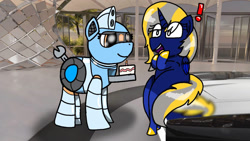 Size: 1192x670 | Tagged: safe, artist:foxfer64_yt, oc, oc only, oc:silverstream (robot pony), oc:trixie blaze, alicorn, pony, robot, robot pony, birthday, cake, exclamation point, food, forza horizon, photo, reflection, sitting, smiling, surprised