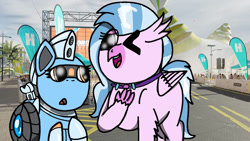 Size: 1192x670 | Tagged: safe, artist:foxfer64_yt, silverstream, oc, oc:silverstream (robot pony), hippogriff, original species, pony, robot, robot pony, g4, chatting, curious, forza horizon, one eye closed, photo, pointing at self, wink