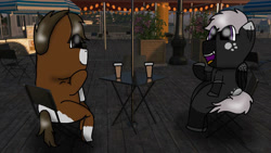 Size: 1192x670 | Tagged: safe, artist:foxfer64_yt, oc, oc:alexander "mistral", oc:alistair harris, earth pony, pegasus, pony, chatting, coffee, duo, friends, happy, looking at each other, looking at someone, los angeles, seat, sitting, table