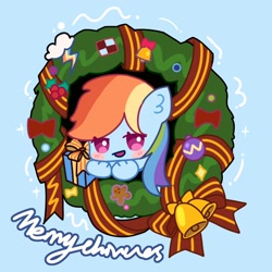 Size: 2000x2000 | Tagged: safe, artist:灰调, rainbow dash, pegasus, pony, g4, bell, christmas, christmas presents, female, high res, holiday, light blue background, mare, simple background, solo, wreath