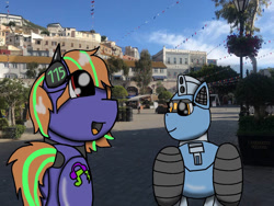 Size: 1032x774 | Tagged: safe, artist:foxfer64_yt, oc, oc only, oc:mystic skies, oc:silverstream (robot pony), original species, pegasus, pony, robot, robot pony, amazed, butt, city, daylight, gibraltar, headphones, relieved