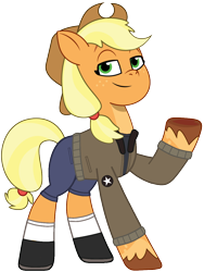 Size: 882x1174 | Tagged: safe, artist:edy_january, artist:prixy05, applejack, earth pony, pony, g4, g5, my little pony: tell your tale, applejack's hat, boots, clothes, colonel.aj, cowboy hat, denim, girls und panzer, hat, jacket, jeans, military, military pony, military uniform, pants, saunders, shirt, shoes, short pants, simple background, soldier, soldier pony, solo, stockings, thigh highs, transparent background, uniform