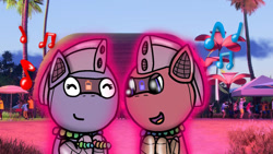 Size: 1192x670 | Tagged: safe, artist:foxfer64_yt, oc, oc only, oc:silverstream (robot pony), oc:trackhead, pony, robot, robot pony, chatting, dancing, duo, happy, hawaii, listening to music, party, photo, sunset, vibing