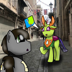 Size: 894x894 | Tagged: safe, artist:foxfer64_yt, thorax, oc, oc:razor uniboop, changedling, changeling, pegasus, pony, g4, butt, chatting, city, curious, gibraltar, king thorax, photo, street