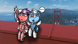 Size: 1192x670 | Tagged: safe, artist:foxfer64_yt, oc, oc only, oc:red ruby, oc:silverstream (robot pony), pony, robot, robot pony, bridge, chatting, duo, friend, golden gate bridge, happy, photo, sitting, spread arms, vibing