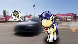 Size: 1192x670 | Tagged: safe, artist:foxfer64_yt, oc, oc only, oc:thunder (fl), oc:twostep, earth pony, pegasus, pony, airpods, car, clothes, drifting, duo, festival, forza horizon, happy, listening to music, male, photo, scarf, shocked, smiling, stallion