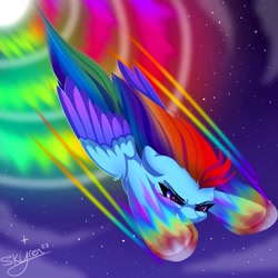 Size: 2000x2000 | Tagged: safe, artist:skyboundsiren, rainbow dash, pegasus, pony, g4, cloud, colored wings, female, flying, gradient mane, gradient wings, high res, mare, night, outdoors, signature, sky, solo, sonic rainboom, stars, wings