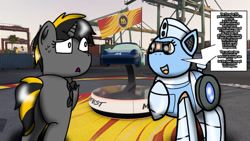 Size: 1192x670 | Tagged: safe, artist:foxfer64_yt, oc, oc only, oc:kaia mahoe, oc:silverstream (robot pony), pony, robot, robot pony, unicorn, butt, chatting, concerned, confident, draft horse, festival, photo, porsche