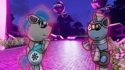 Size: 1192x670 | Tagged: safe, artist:foxfer64_yt, oc, oc:acceron, oc:silverstream (robot pony), pony, robot, robot pony, bipedal, car, cute, duo, ears back, looking at each other, looking at someone, neon, night, one eye closed, photo, shy, wink