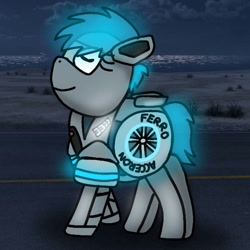 Size: 894x894 | Tagged: safe, artist:foxfer64_yt, oc, oc only, oc:acceron, pony, robot, robot pony, confident, ears back, glowing, glowing mane, night, photo, road, solo, walking