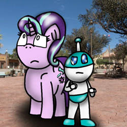 Size: 720x720 | Tagged: safe, artist:foxfer64_yt, starlight glimmer, oc, oc:bx-8, pony, robot, unicorn, g4, art trade, city, confused, day, looking up, mexico, mulege, photo