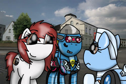 Size: 1095x730 | Tagged: safe, artist:foxfer64_yt, oc, oc only, oc:air razor (x1f), oc:kira (fl), oc:silverstream (robot pony), pegasus, pony, robot, robot pony, car, challenge, city, concerned, confident, friendly, photo, racecar, raised hoof, sad, trio