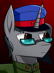 Size: 1248x1680 | Tagged: safe, artist:hno3, oc, oc only, pony, unicorn, equestria at war mod, equestria rises still (equestria at war submod), bust, clothes, glasses, gradient background, horn, male, military uniform, portrait, solo, stallion, unicorn oc, uniform, uniform hat