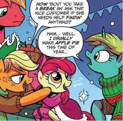 Size: 761x748 | Tagged: safe, artist:brendahickey, idw, apple bloom, applejack, big macintosh, pony, unicorn, g4, spoiler:comic, spoiler:comicholiday2017, adorabloom, clothes, cross-popping veins, cute, emanata, male, stallion, sweater, unnamed character, unnamed pony