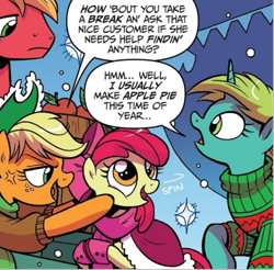 Size: 761x748 | Tagged: safe, artist:brenda hickey, idw, apple bloom, applejack, big macintosh, pony, unicorn, g4, spoiler:comic, spoiler:comicholiday2017, adorabloom, clothes, cross-popping veins, cute, emanata, male, stallion, sweater, unnamed character, unnamed pony