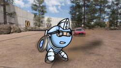 Size: 1192x670 | Tagged: safe, artist:foxfer64_yt, oc, oc only, oc:silverstream (robot pony), original species, pony, robot, robot pony, wheelpone, car, confident, dirt, drifting, ears back, forest, mitsubishi, nature, off road, photo, tree