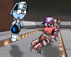 Size: 1002x797 | Tagged: safe, artist:foxfer64_yt, oc, oc only, oc:red ruby, oc:silverstream (robot pony), pony, robot, robot pony, amazed, bipedal, duo, floating, lying down, photo, relaxed, smiling, space, spaceship, zero gravity