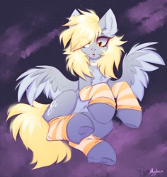 Size: 2000x2117 | Tagged: safe, artist:mysha, derpy hooves, pegasus, pony, g4, :o, belly button, chest fluff, clothes, cloud, cute, derpabetes, ear fluff, eye clipping through hair, female, flying, freckles, high res, leg fluff, leg warmers, looking at you, mare, night, night sky, open mouth, pale belly, purple background, signature, simple background, sky, solo, spread wings, stars, underhoof, wings