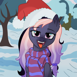 Size: 2048x2048 | Tagged: safe, artist:artsypaws, derpibooru exclusive, oc, oc:silversparks, pegasus, pony, g4, chest fluff, christmas, clothes, ear fluff, female, fetish, fluffy, hat, high res, holiday, mawshot, open mouth, piercing, saliva puddle, santa hat, scarf, snow, solo, striped scarf, tongue piercing, tree, winter