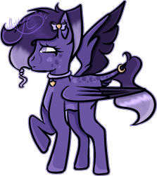 Size: 894x1004 | Tagged: safe, artist:thecommandermiky, oc, oc only, oc:miky command, pegasus, pony, accessory, bow, collar, eyes open, female, folded wings, full body, hair bow, jewelry, mare, pegasus oc, purple eyes, purple hair, raised hoof, ring, short hair, short tail, simple background, solo, spots, spread wings, tail, tail ring, transparent background, wings
