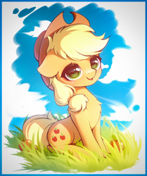 Size: 3400x4062 | Tagged: safe, artist:stahlkat, applejack, earth pony, pony, g4, apple, applejack's hat, chest fluff, cowboy hat, cute, female, floppy ears, food, grass, hat, high res, jackabetes, looking at you, mare, open mouth, open smile, sitting, smiling, smiling at you, solo