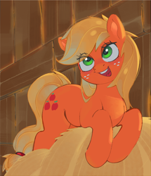 Size: 1840x2144 | Tagged: safe, artist:maremagnet, applejack, earth pony, pony, g4, adorasexy, alternate hairstyle, bedroom eyes, cute, eye clipping through hair, hay, jackabetes, loose hair, open mouth, open smile, sexy, smiling, solo, stupid sexy applejack, teeth